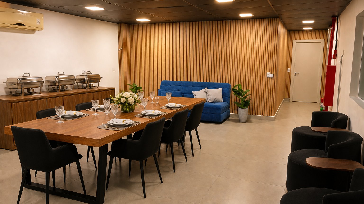 Lounge Átrio com sofá, buffet e mesa posta para jantar reservado