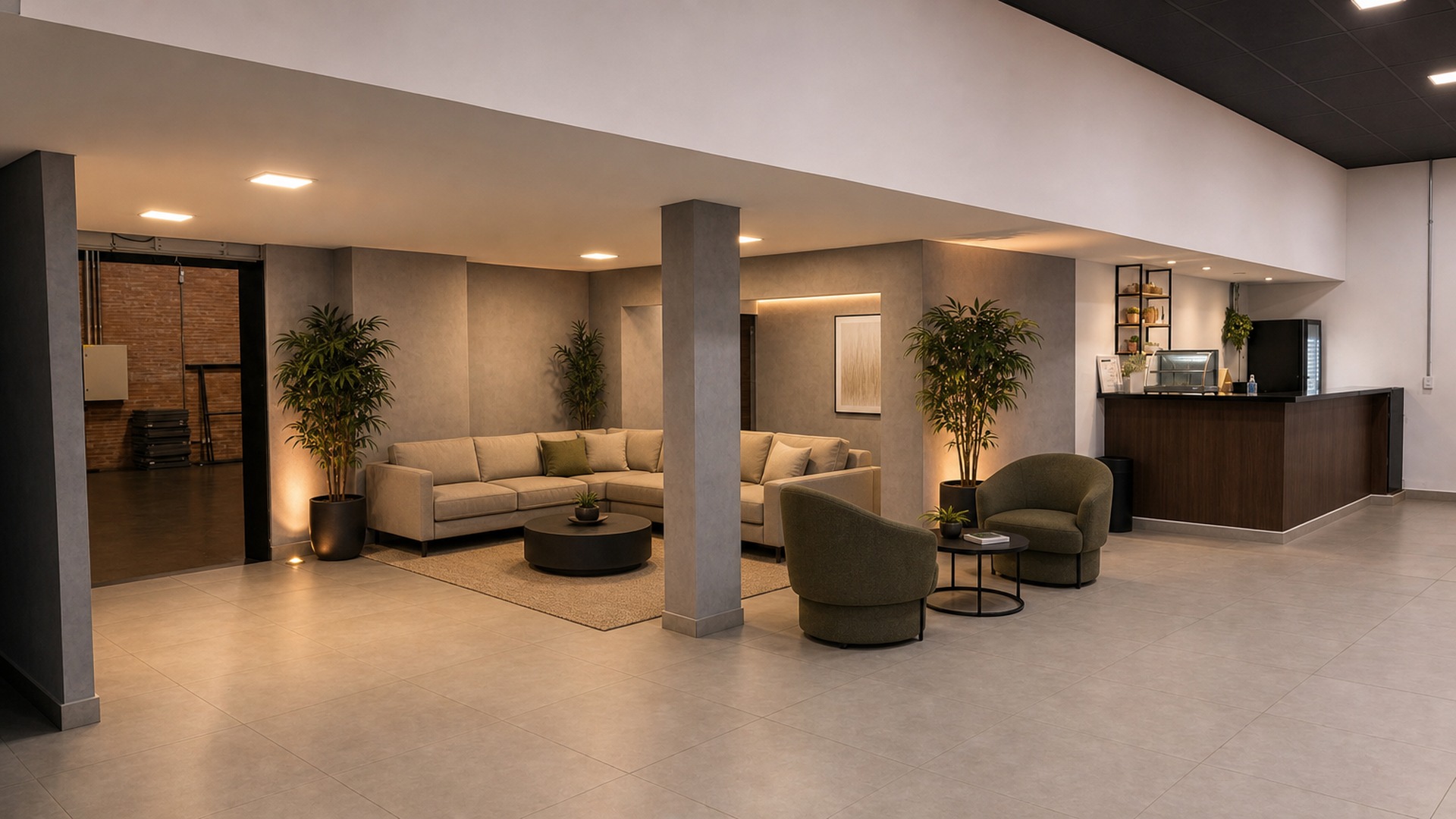 Lounge Elo do CN HALL com sofás e poltronas em área de estar