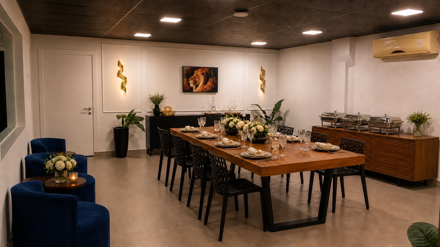 Lounge Átrio com mesa de jantar para 12 lugares e poltronas no segundo andar do CN HALL