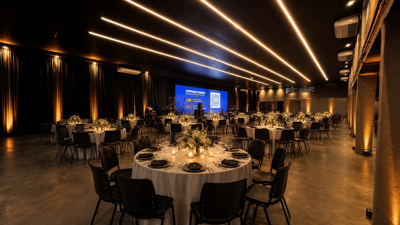 Espaço Magna do CN HALL montado com mesas redondas para jantar corporativo